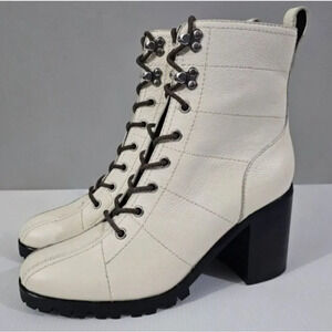 NEW Paige Christie Ankle Boot Womens 9.5 Ivory Leather Lace Up Heeled Lug Sole